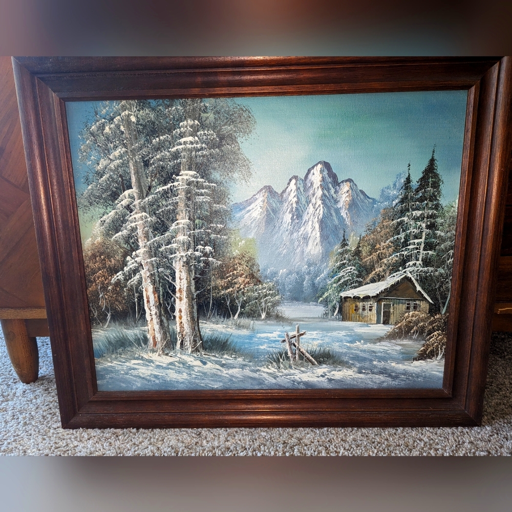 Winter Cabin Landscape Oil Painting